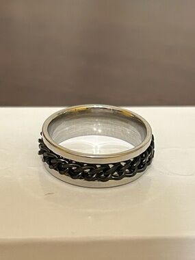Size 14 Men's Silver & Black Chain Stainless Steel Fidget Spinner Ring NWOT